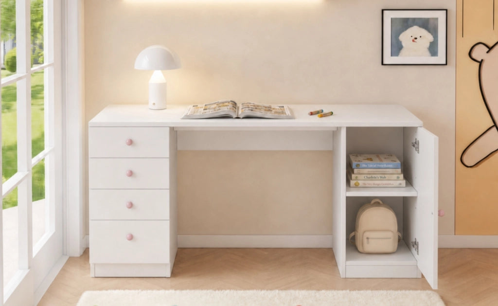 Scrivania per bambini bianca con 4 cassetti e maniglie in ceramica rosa, 155x45x74 cm
