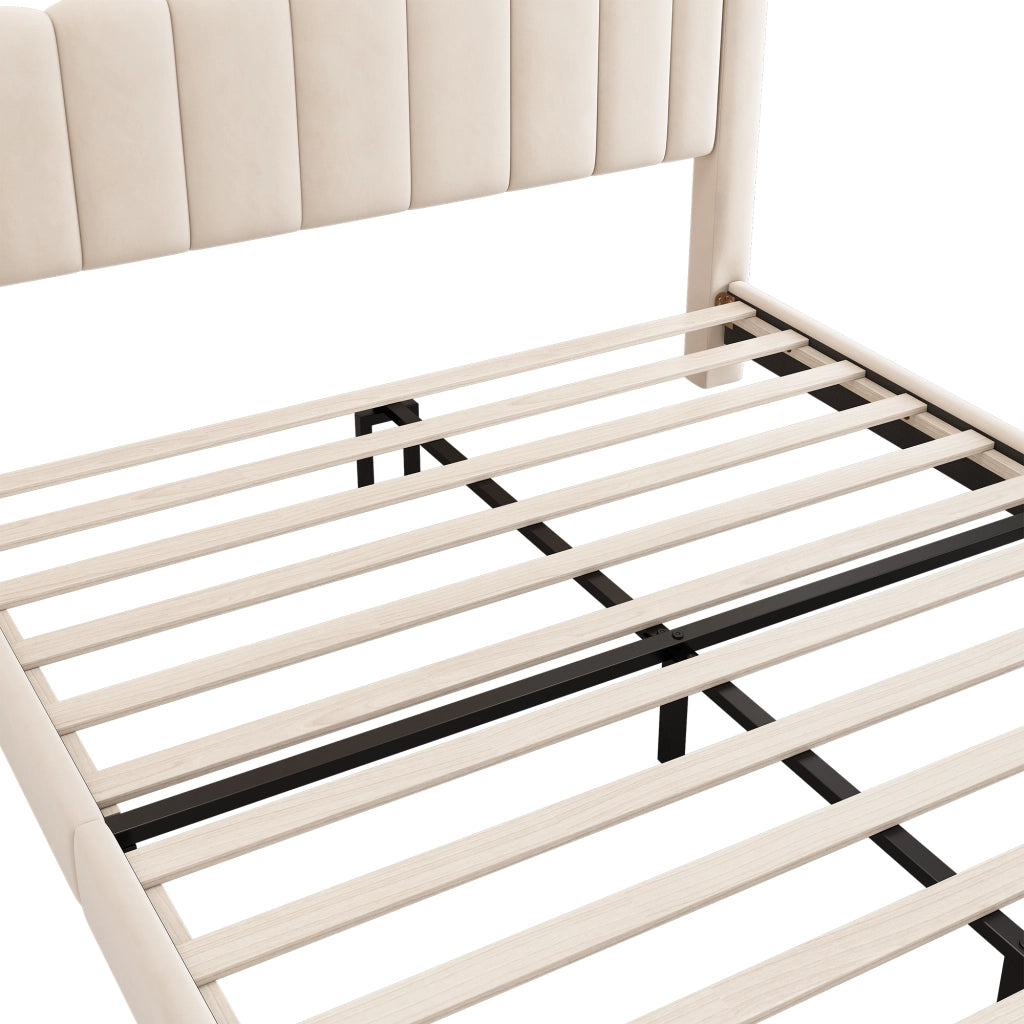 Letto imbottito 180 × 200 cm con rete a doghe e testiera ondulata rivestito in velluto beige