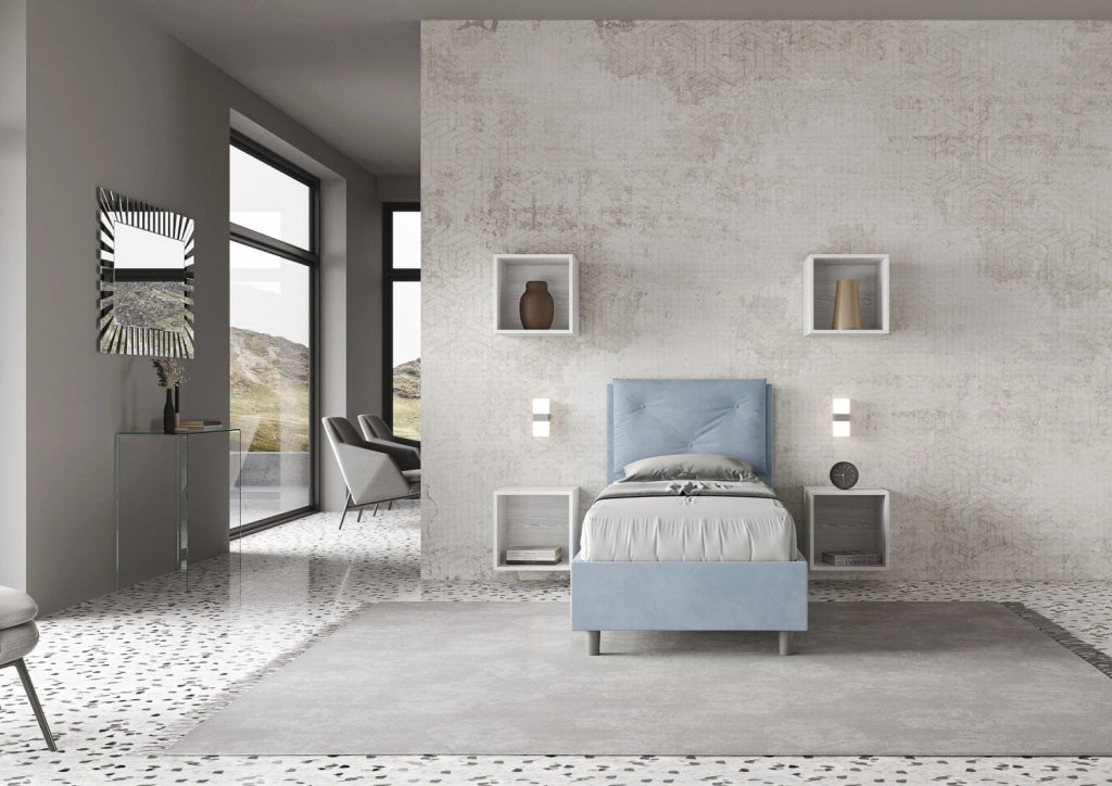 BS COM Letto singolo con rete imbottito 90x200 microfibra azzurro