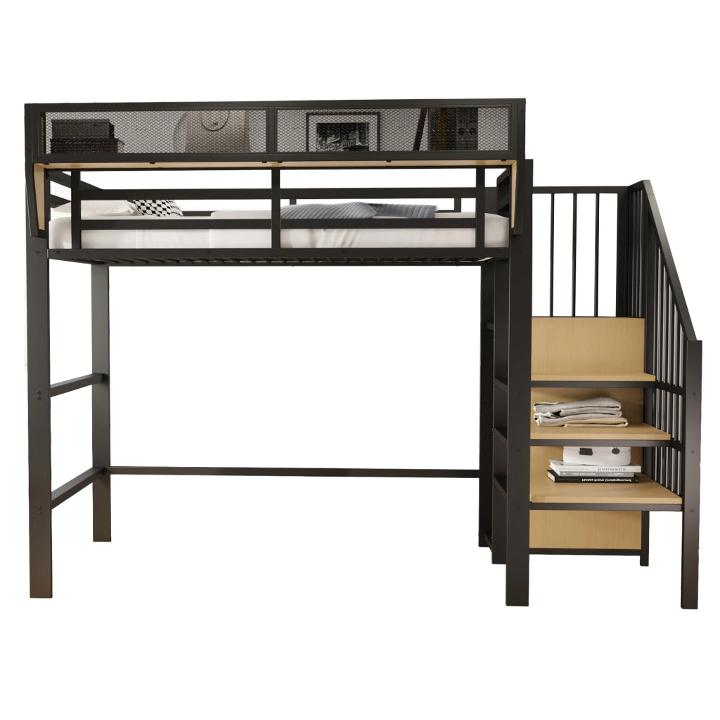 Letto a Soppalco per Bambini 90x200 cm con Scala di Sicurezza e Ripiano Regolabile; Metallo Nero