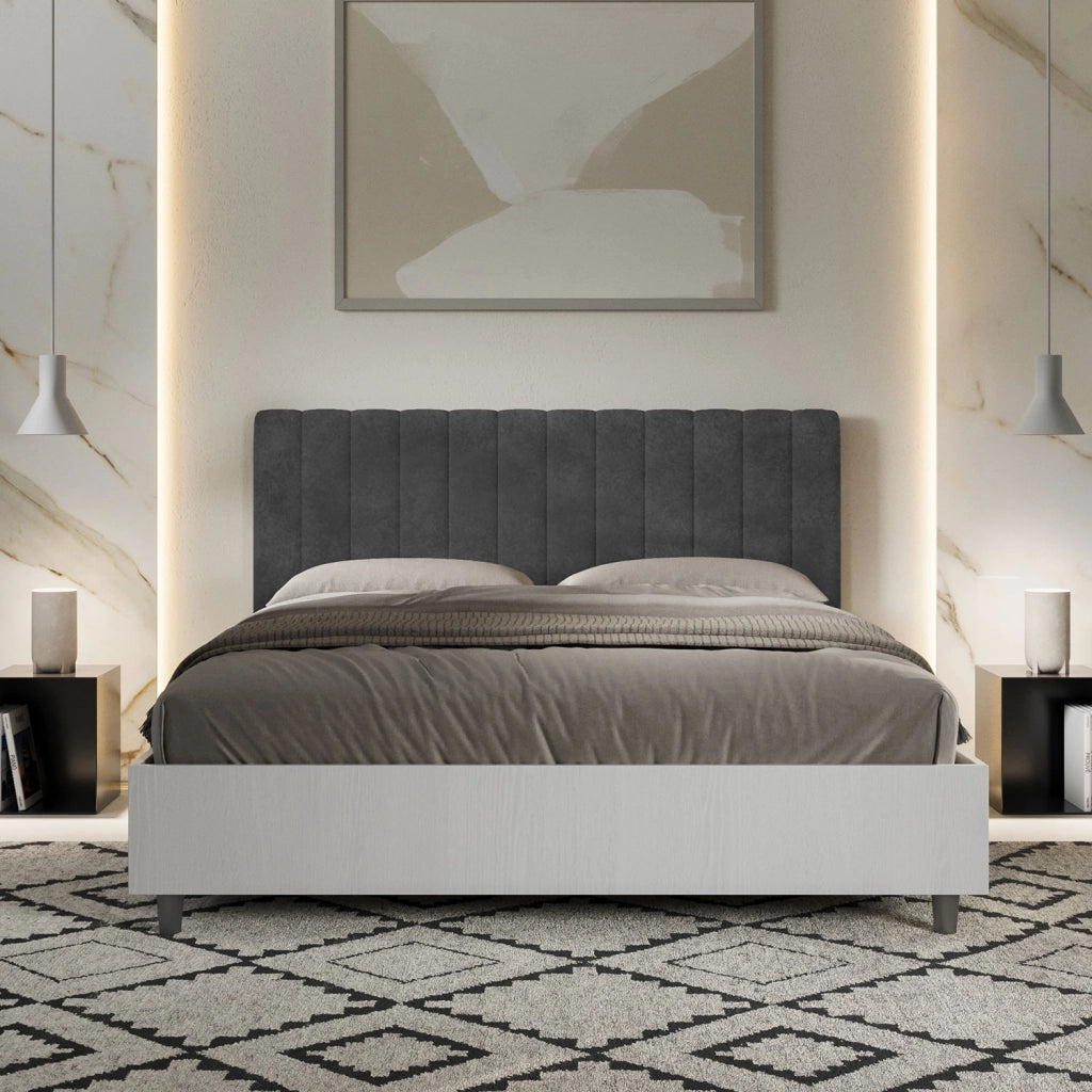 BS COM Letto matrimoniale con rete 160x200 bianco frassino testata microfibra grigio