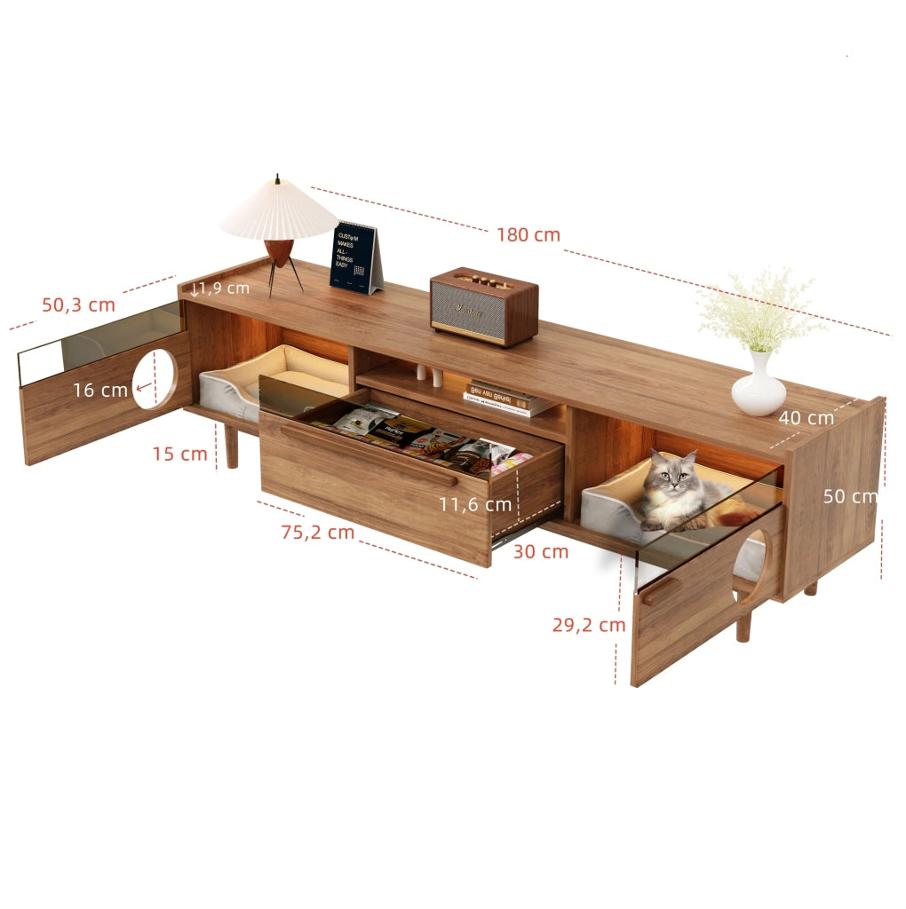 Mobile TV con vano per gatti e LED, noce, 180×40×50 cm