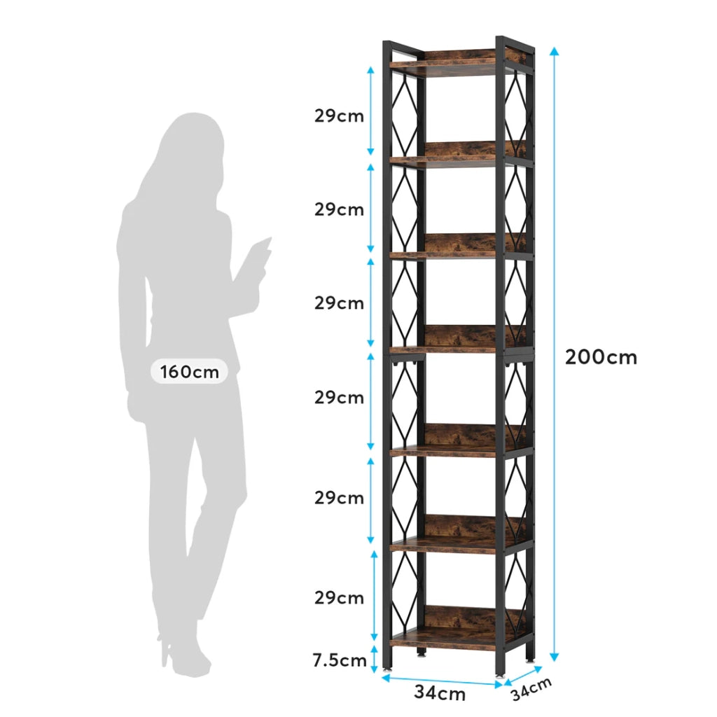 Libreria a 7 ripiani aperti in metallo e legno marrone rustico e nero 34 × 34 × 200 cm