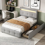 Letto imbottito singolo 90 x 200 cm con luci LED, 2 cassetti e imbottitura in lino, letto piatto per bambini, ragazzi e ospiti - Grigio