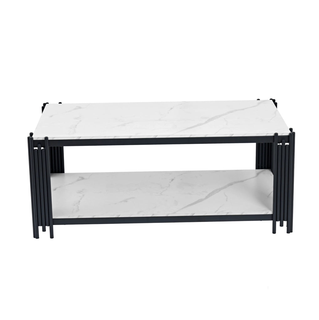 Tavolino da salotto rettangolare con 2 ripiani in MDF e metallo bianco e nero