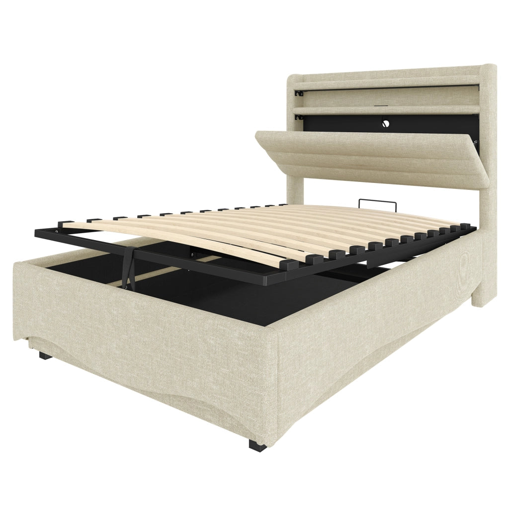 Letto imbottito 90 x 200 cm in lino beige con illuminazione LED, meccanismo idraulico e porte USB/Tipo-C