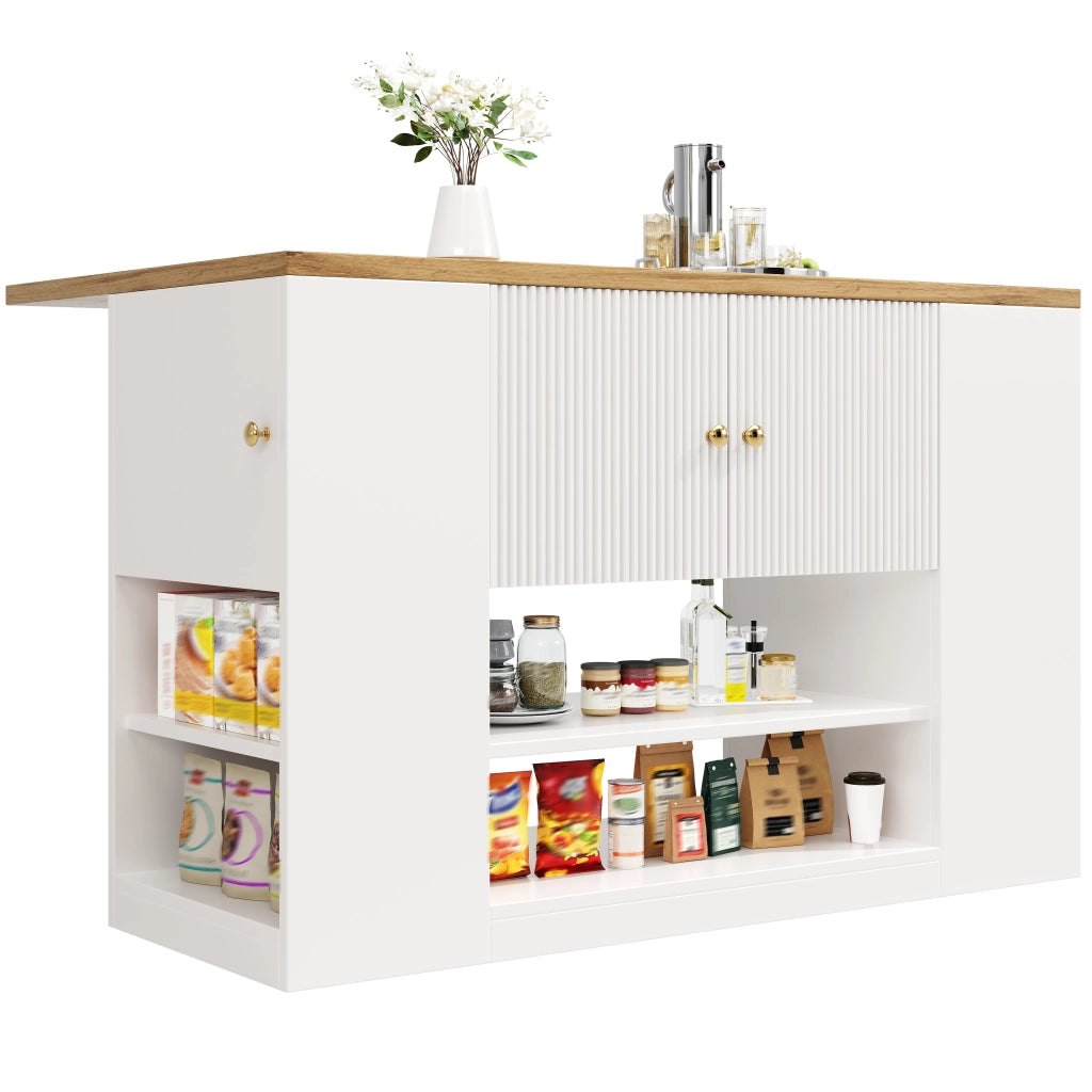 Isola cucina bianca con piano ribaltabile; cassetti; ante e ripiani; 140 cm