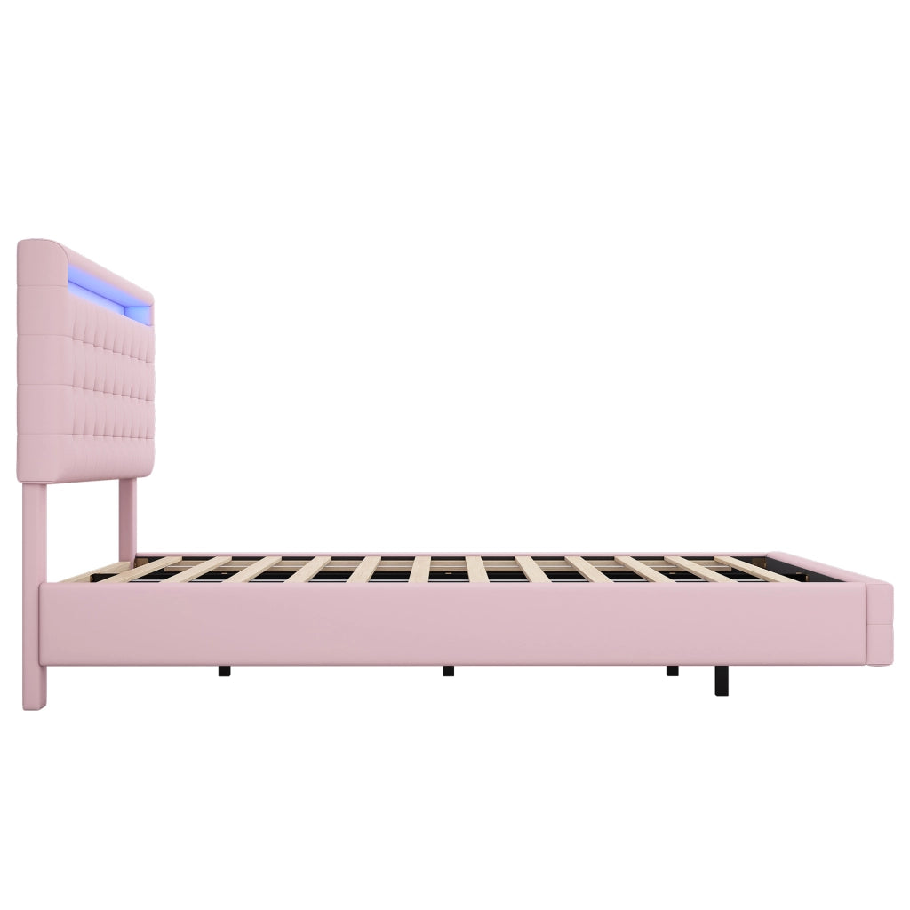 Letto Adulti 140×200 cm; Letto Matrimoniale con LED Regolabile e Testiera Regolabile; senza Materasso; PU; Rosa