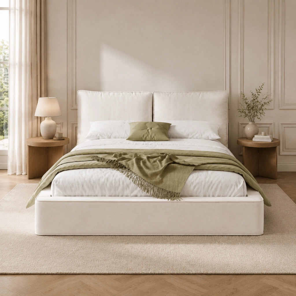 Letto imbottito matrimoniale 180 x 200 cm con rete a doghe e testiera imbottita - Beige, chenille