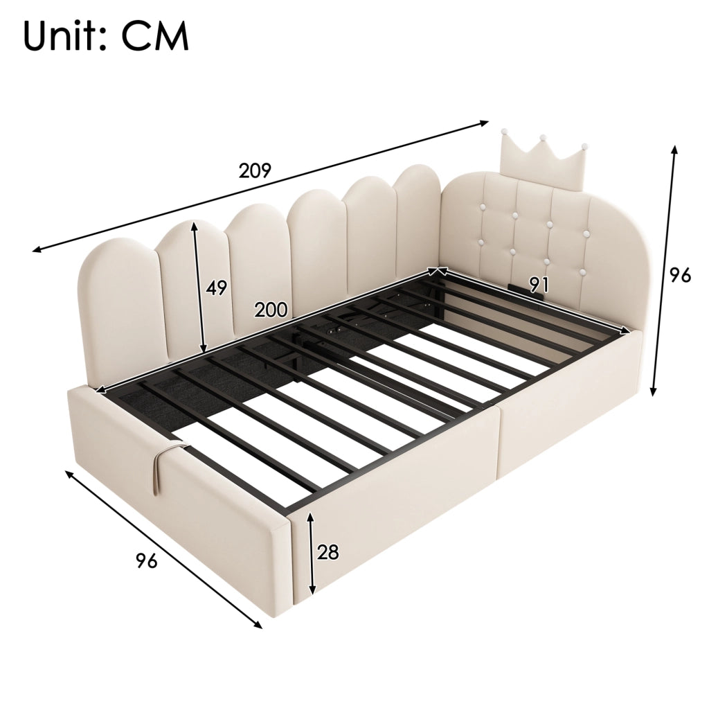 Letto daybed 90x200 cm con contenitore idraulico in velluto beige