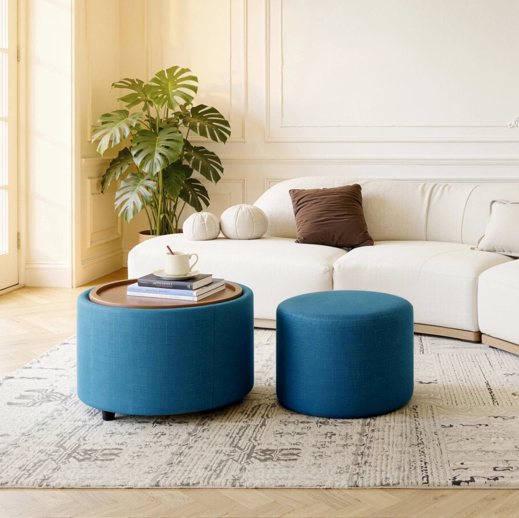 Set di 2 Pouf Nesting con Contenitore, Rivestimento in Lino e Ripiano in Legno, Tavolino Rotondo 58 cm, Blu