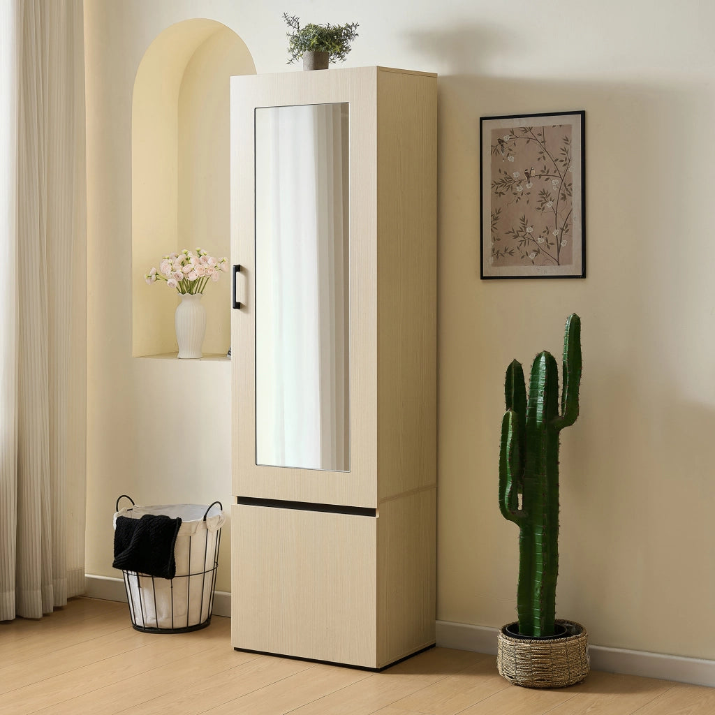 Armadio Guardaroba Stretto con Specchio e Asta Appendiabiti Estraibile in Metallo; Mobile Ingresso Salvaspazio in MDF; 54x34.5x179.5 cm; Colore Legno