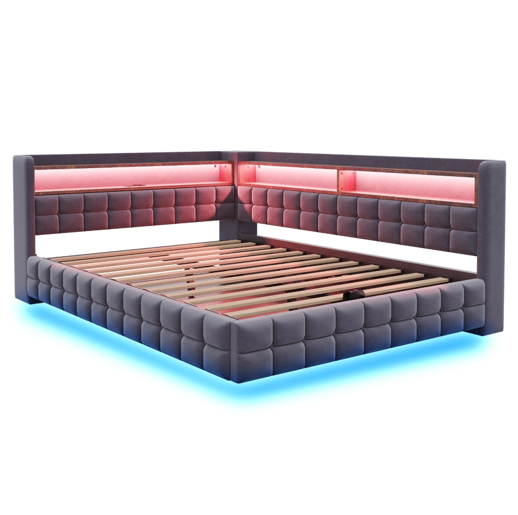 Divano letto imbottito 140x200 cm con contenitore; LED; prese USB e Type-C; grigio
