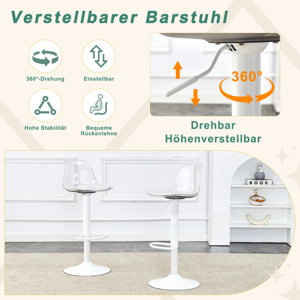 SGABELLO DA BAR Regolabile 82-104 cm Trasparente e Bianco Set da 2 pezzi