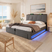 Letto contenitore 140 × 200 cm con vano idraulico cassetti laterali testiera imbottita USB Type-C LED grigio in lino