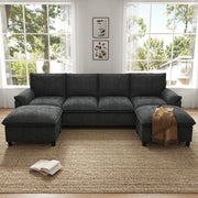 Divano panoramico a U in ciniglia nero con 2 pouf contenitore e schienale alto 264.5 × 142.5 × 84 cm