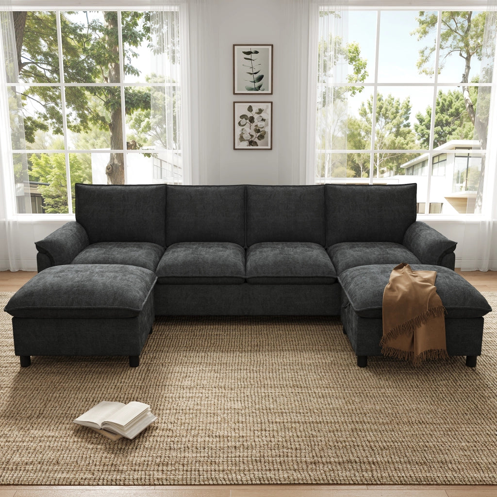 Divano panoramico a U in ciniglia nero con 2 pouf contenitore e schienale alto 264.5 × 142.5 × 84 cm