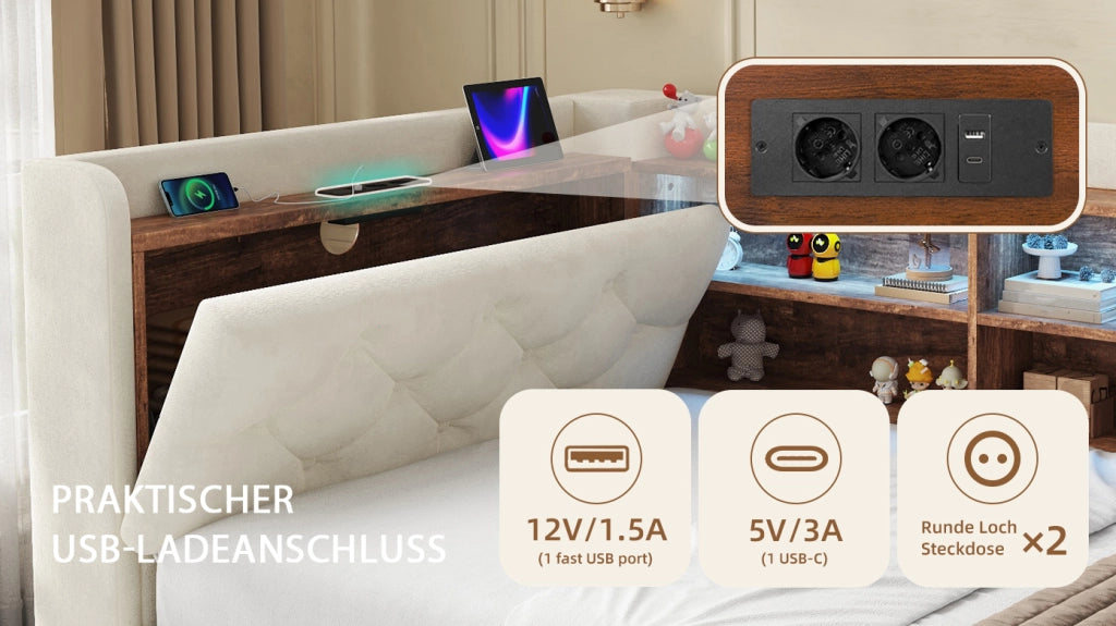Letto singolo estraibile 90 × 190 cm in velluto beige con rete a doghe LED USB Type-C e bracciolo contenitore