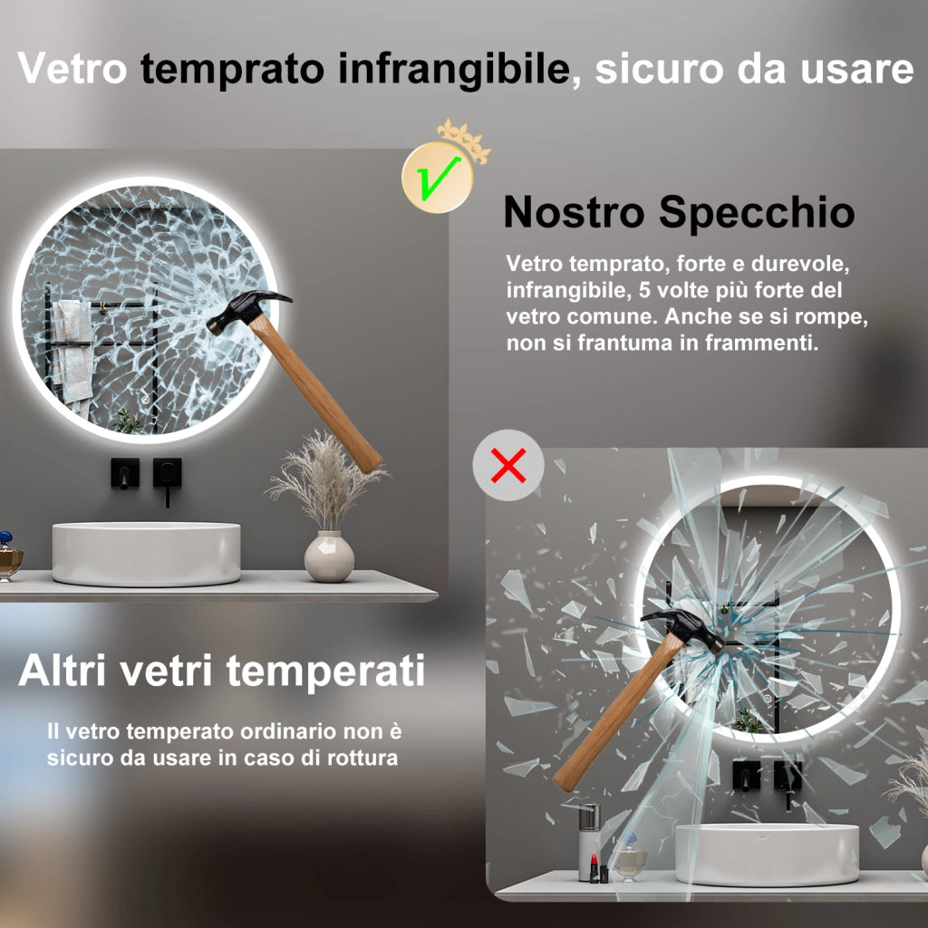AICA Specchio da bagno 120 x 120 cm, antiappannamento, dimmerabile, interruttore touch, Funzione Memoria