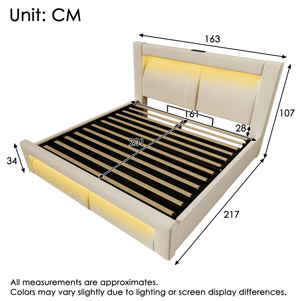 Letto matrimoniale 160x200 cm con contenitore, LED e porte USB