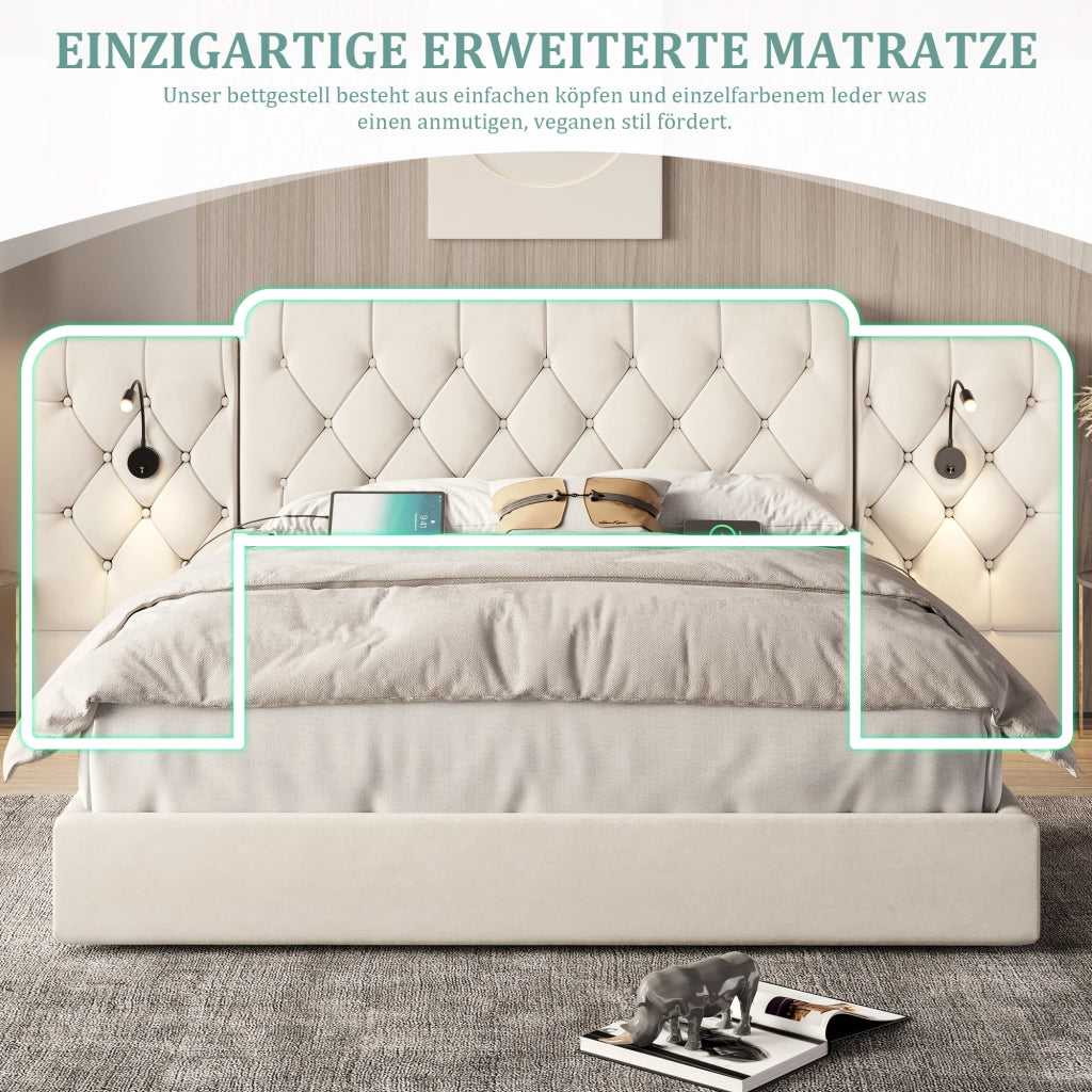 Letto matrimoniale contenitore 160 × 200 cm 2 posti con luci, USB e sollevamento idraulico, senza materasso, beige