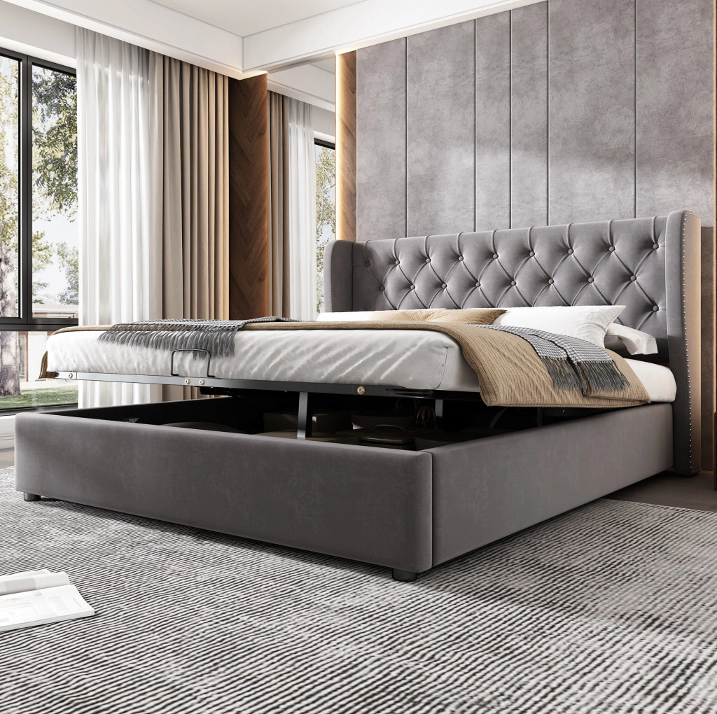 Letto matrimoniale 140x200 cm con contenitore idraulico e rete in velluto grigio