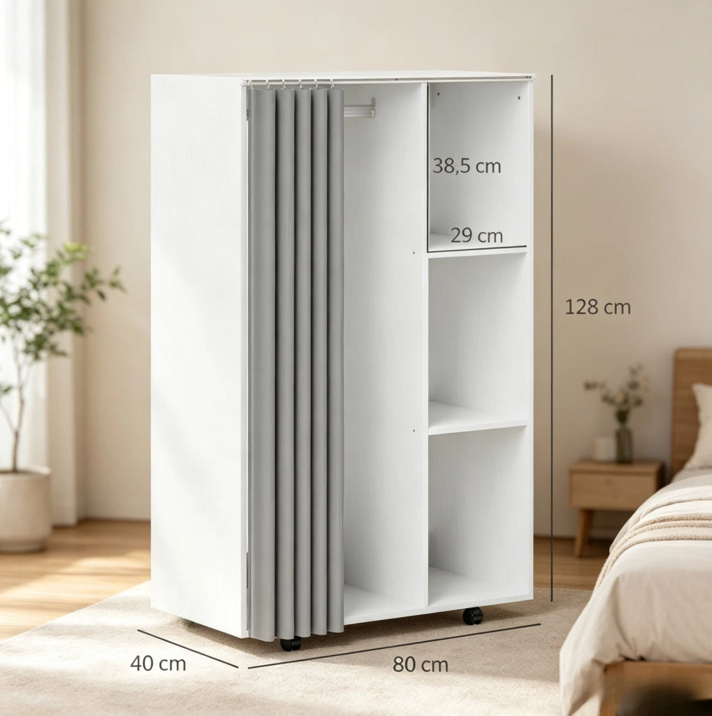 Guardaroba mobile bianco con appendiabiti, 4 ruote, 3 ripiani aperti e tenda protettiva, 80x40x128 cm