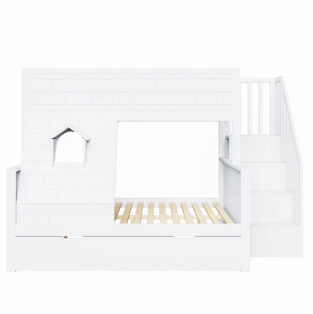 Letto a castello per bambini con scala contenitore; 2 cassetti e finestra; bianco