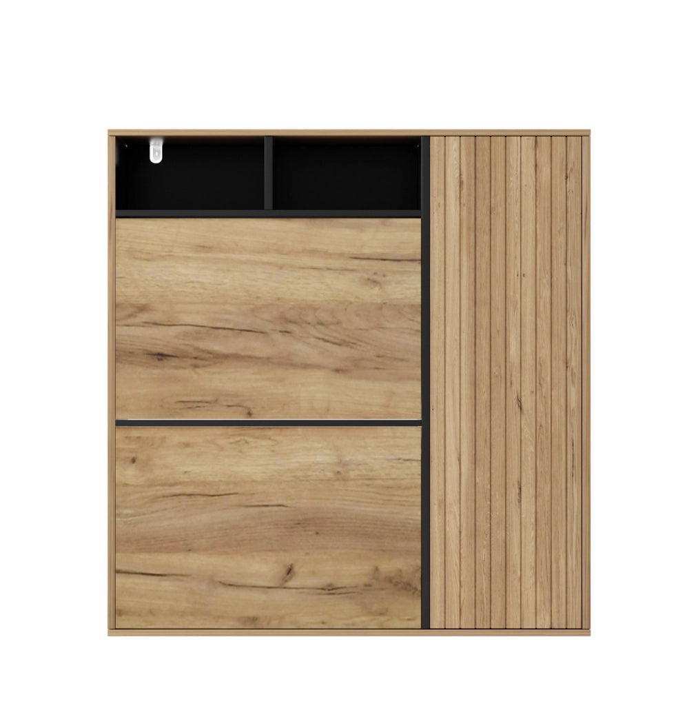 Scarpiera sottile con 2 ribalte e 1 anta, ripiani regolabili, design salvaspazio in legno e nero, 90x24x94 cm