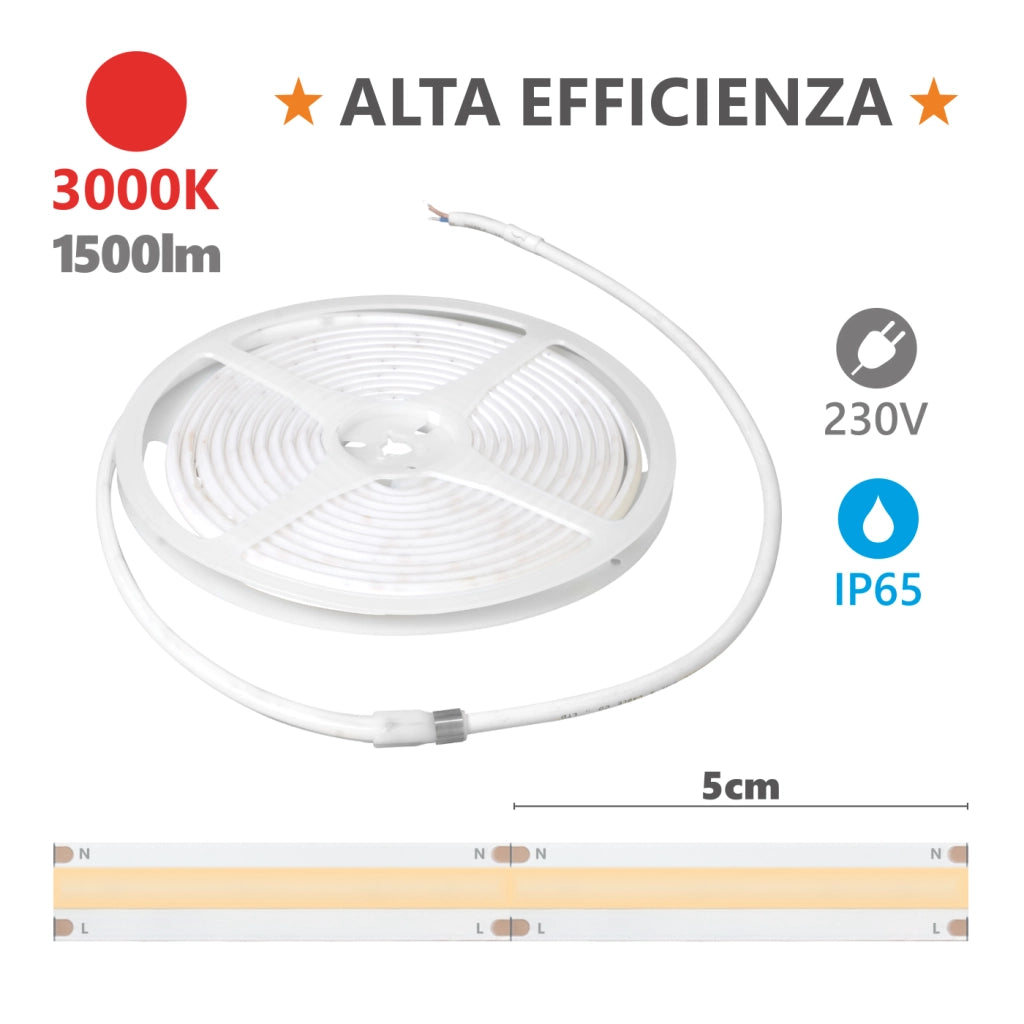 Alcapower Striscia LED professionale HEM IP65 5 metri 15W/m 3000K 230V, 1500lm/m alta efficienza luminosa, luce calda ideale per interni ed esterni