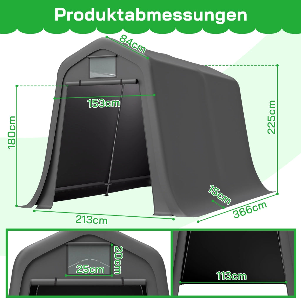 Ricovero da giardino con porta avvolgibile struttura in acciaio zincato telo PE grigio scuro 213 × 366 × 225 cm