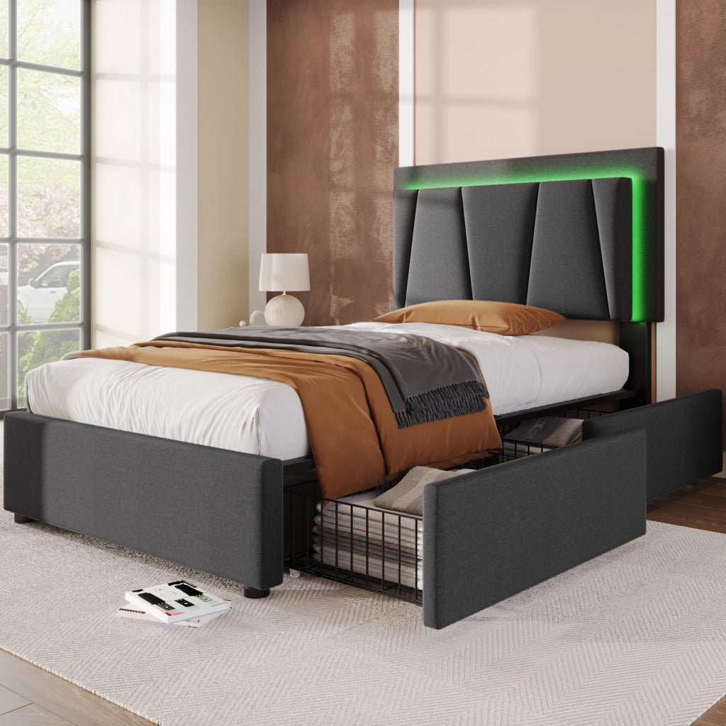 Letto singolo 90 × 200 cm con LED e 2 cassetti testiera regolabile in lino grigio senza materasso