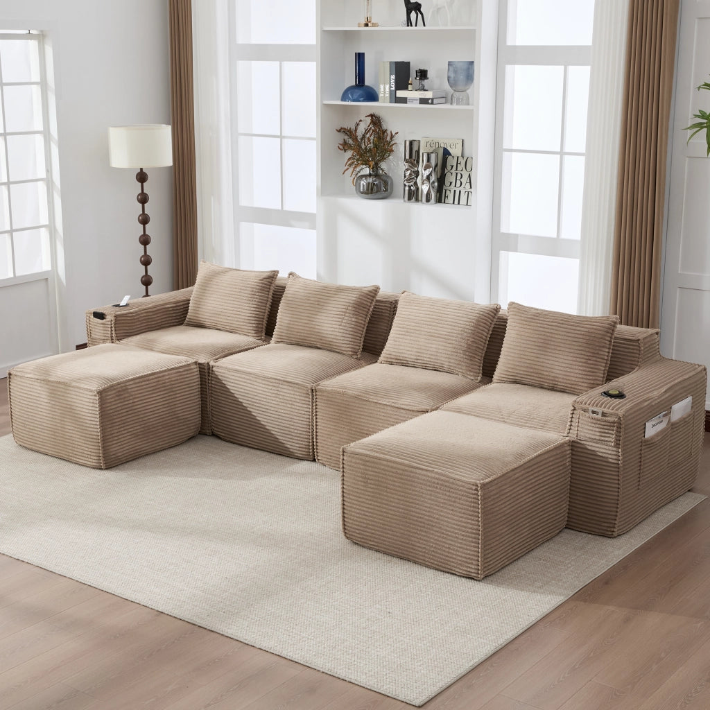 Divano modulare a 4 posti in velluto a coste kaki con 2 pouf portabevande e tasche laterali 330 × 162 × 75 cm