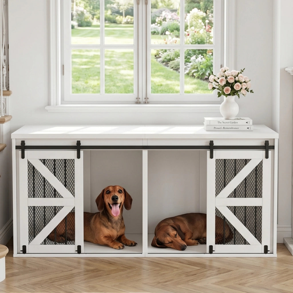 Gabbia per cani - Gabbia a mobile - Cuccia di lusso per cani - Cuccia da interno e tavolino - Con porta scorrevole e serratura di sicurezza - Divisorio centrale rimovibile - Traspirante - Mobiletto - Robusto e durevole - 160x60x75 cm - Bianco