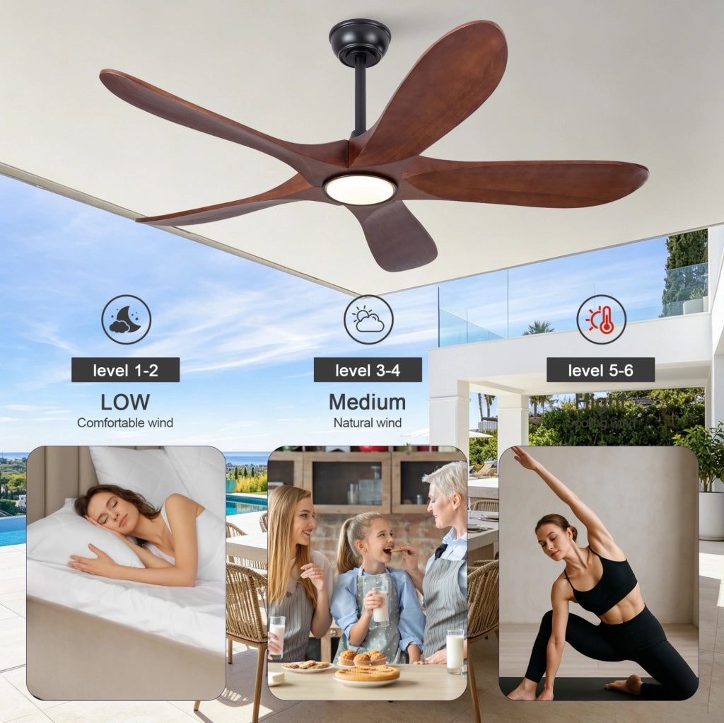Ventilatore a soffitto 52'' con luce, telecomando, 5 pale in legno massello, 6 velocità, dimmerabile, silenzioso