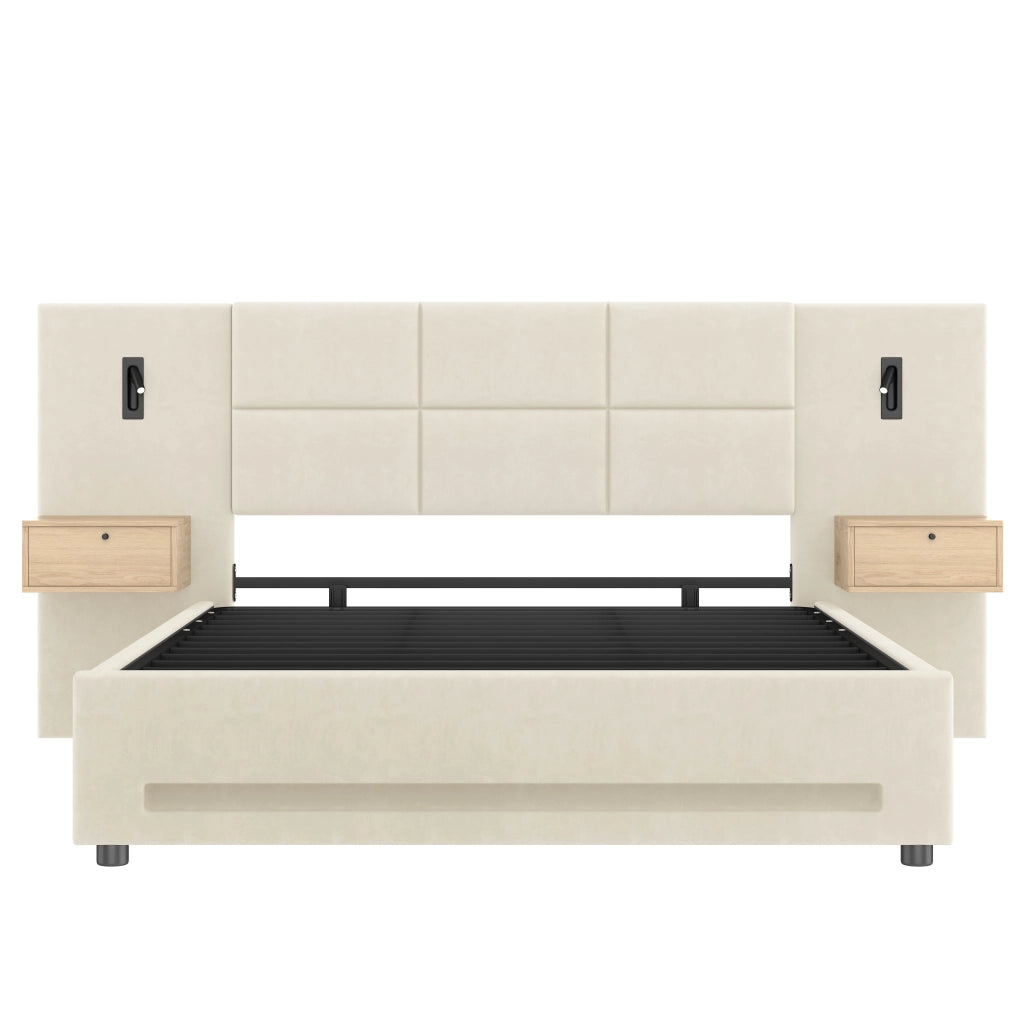 Letto contenitore 180x200 cm imbottito in velluto beige con testiera; LED e USB-C per camera da letto