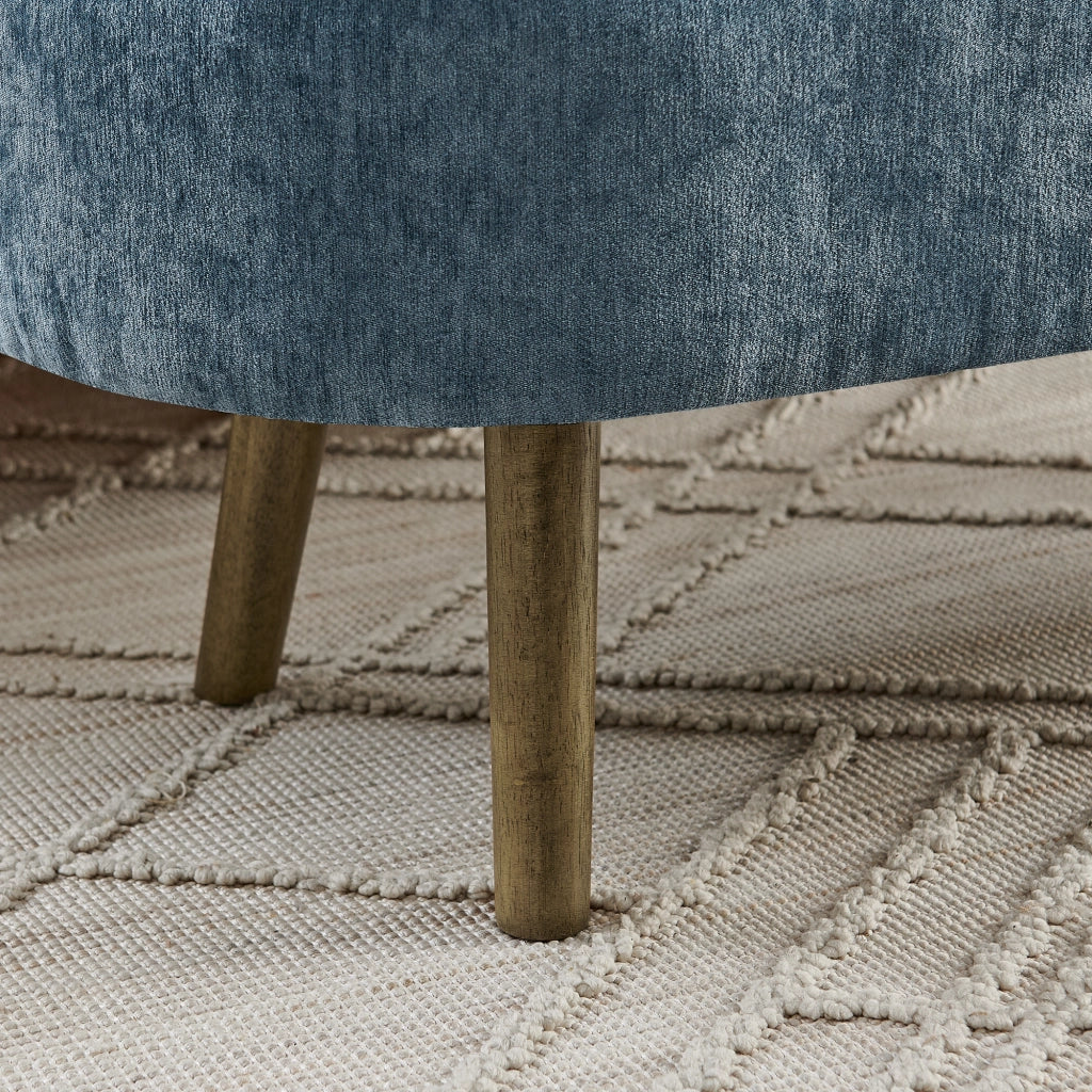 Panca contenitore ovale 110x40x42 cm con vano da 20 L in ciniglia blu e legno massello