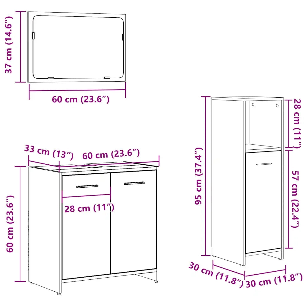 Set Mobili da Bagno | Armadio da bagno 3 pz Rovere Artigianale Legno Multistrato
