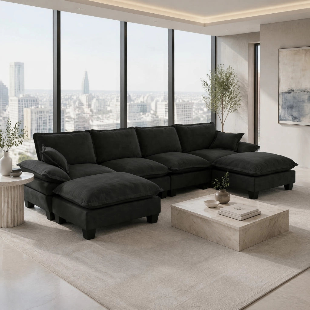 Divano panoramico a U 6 posti in ciniglia nero con ottomana rimovibile struttura in legno 323 × 155 × 90 cm