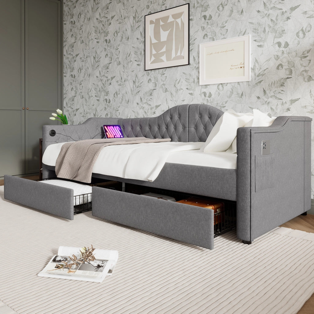 Letto da giorno 90x190 cm grigio con due cassetti