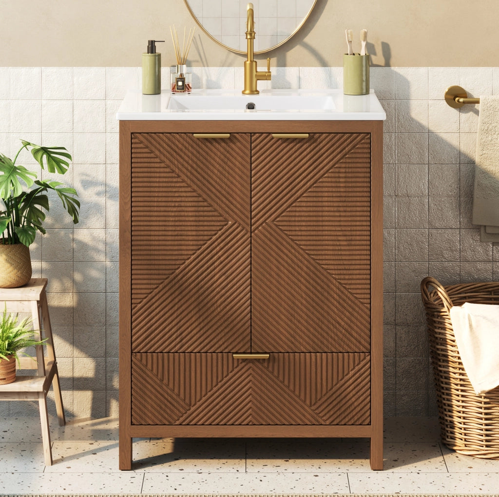 Mobile bagno a pavimento con lavabo in ceramica 61x47 cm; 2 ante e cassetto; noce HOMVRA