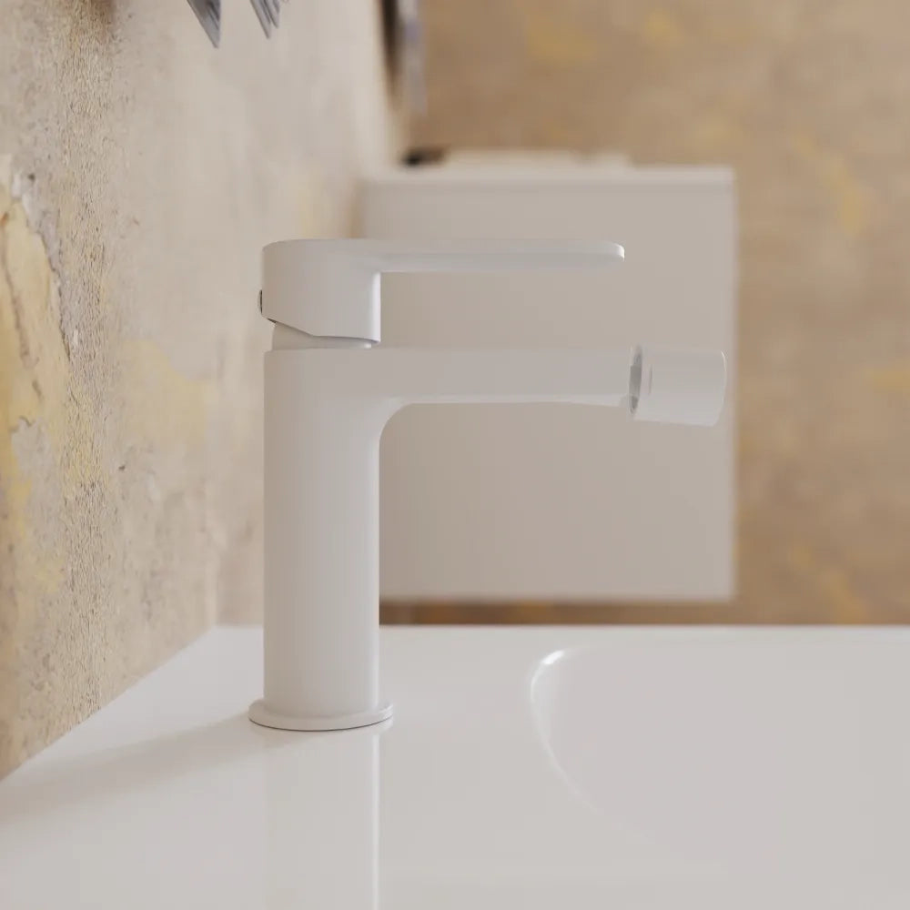 Coppia miscelatori lavabo 16cm e bidet bianco opaco senza scarico | Margot