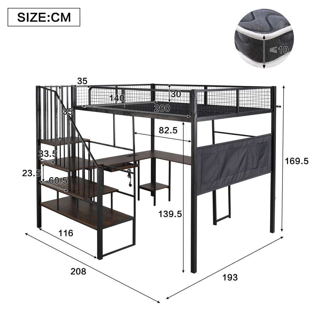 Letto a soppalco 140 × 200 cm 2 posti con scrivania angolare, porta di ricarica e tasca, senza materasso