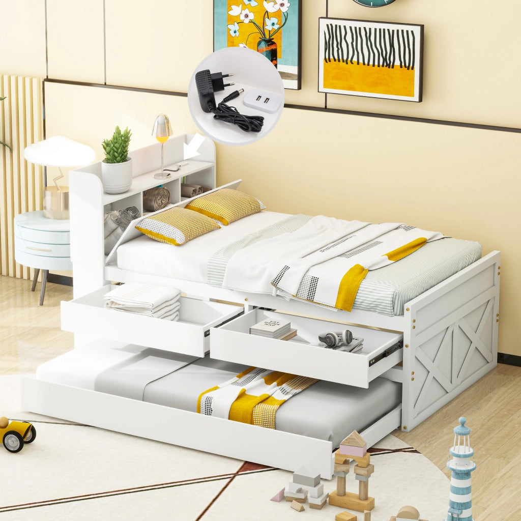 Letto con letto estraibile 90 × 190 cm con 2 cassetti comodino con vano e USB in legno bianco con rete a doghe