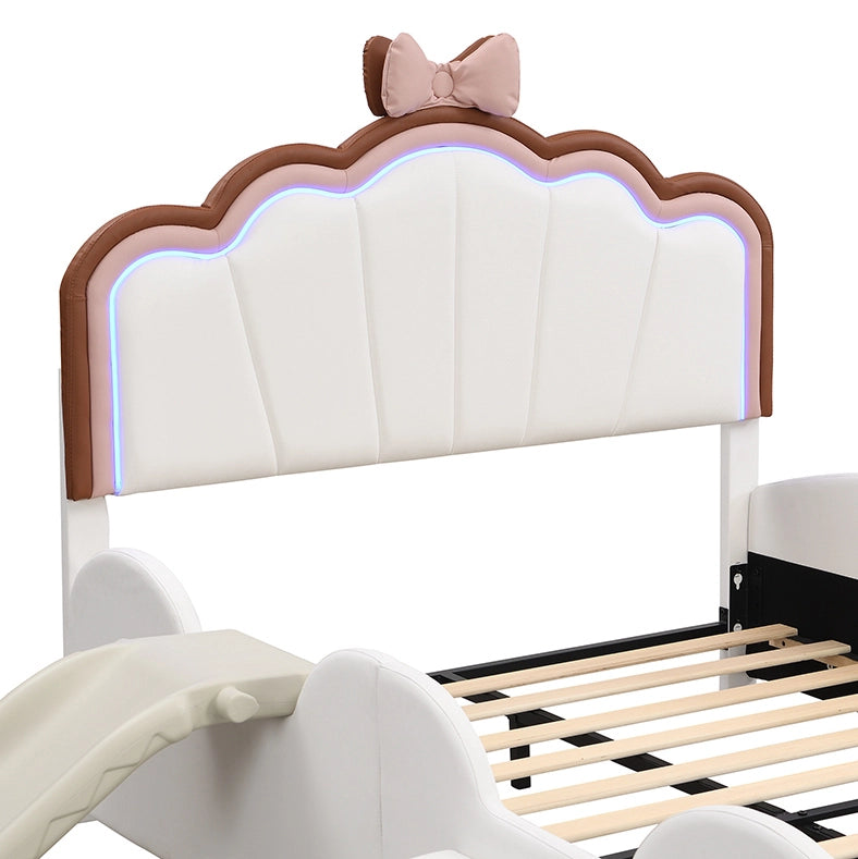 Letto per bambini a forma di farfalla con LED, scivolo e scala, rosa e bianco