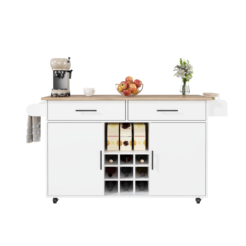 Mobile base da cucina con piano pieghevole; ruote; 2 cassetti e portabottiglie bianco 120 × 45 × 84 cm