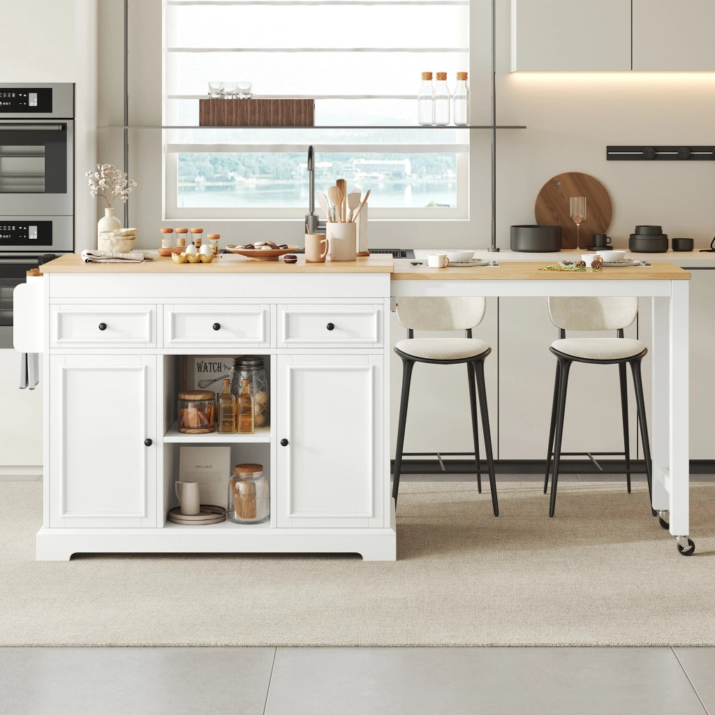 Isola da cucina su ruote con piano estraibile laterale da 112 a 188 cm; portaspezie e cassetti; bianco