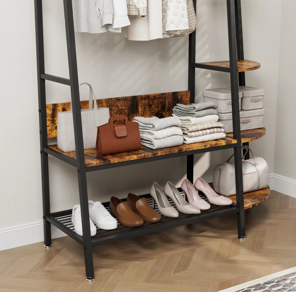Appendiabiti Industriale Autoportante con Mensole in Legno Marrone Retro - Organizer Multiuso per Abiti e Scarpe