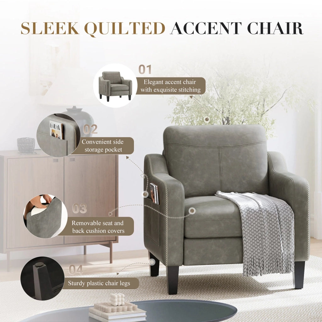 Poltrona moderna in PU in stile Mid-Century con vano portaoggetti laterale, comfort ergonomico per soggiorno e ufficio, grigio