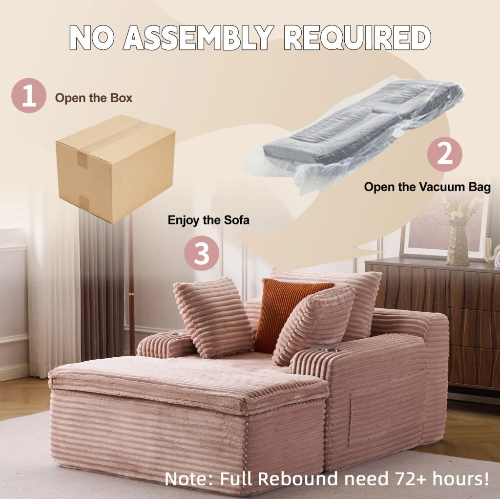 Divano letto moderno senza scheletro con chaise longue in velluto rosa, 3 cuscini e coperta inclusi, senza montaggio